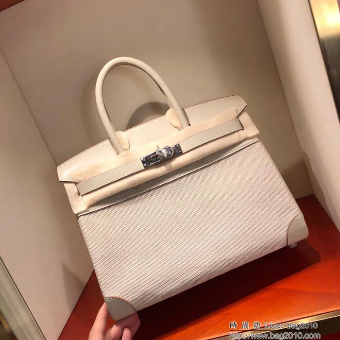 HERMES愛馬仕 鉑金包 Birkin30Cm Swift拼帆布 80 Gris Perle 珍珠灰 銀扣 頂級工藝 手縫蠟線 無敵限量版 古董包  Ama1601